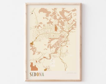 Sedona kartaposter, Sedona-tryck, Sedona-affisch, Sedona-väggkonst, Arizona, resepresent, bohemisk väggkonst, sovrumsväggdekor
