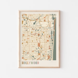 Hollywood-kaartposter Florida, Hollywood-print, Hollywood-poster, Hollywood-muurkunst, Hollywood-stadskaart, Florida, reiscadeau, boho-muurkunst