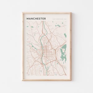 Affiche de carte de Manchester, impression de Manchester, affiche de Manchester, art mural Manchester, New Hampshire, cadeau de voyage, déco minimaliste