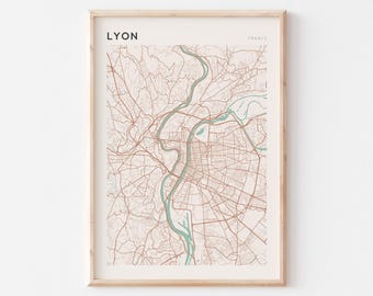 Poster con mappa di Lione, stampa di Lione, poster di Lione, decorazione murale di Lione, Francia, regalo di viaggio, poster scandinavo