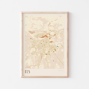 Affiche de carte de Fès, impression de Fès, affiche de Fès, art mural de Fès, Maroc Afrique, cadeau de voyage, déco bohème