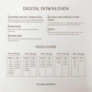 The image is a digital download guide that provides information on how to download and print various types of files, including high-resolution JPG files.
