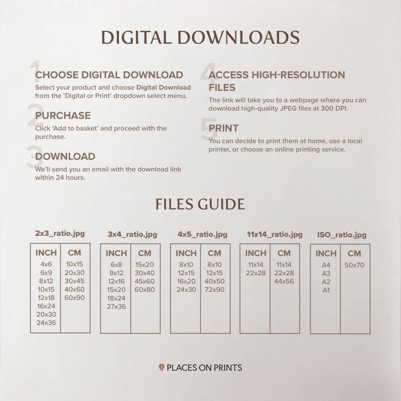 The image is a digital download guide that provides information on how to download and print various types of files, including high-resolution JPG files.