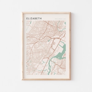 Affiche carte Elizabeth, impression Elizabeth, affiche Elizabeth, art mural Elizabeth, New Jersey, cadeau de voyage, art mural minimaliste