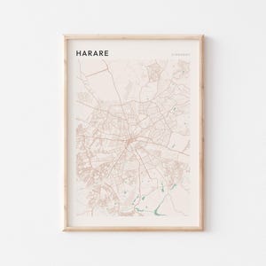 Affiche de carte de Harare, impression de Harare, affiche de Harare, art mural de Harare, Zimbabwe Afrique, cadeau de voyage, art minimaliste
