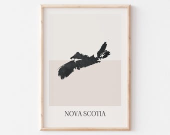 May include: A framed art print featuring a minimalist design of the Nova Scotia map in black against a beige and white background. The text "NOVA SCOTIA" is printed in a simple font at the bottom of the print. The artwork is encased in a light wood frame.