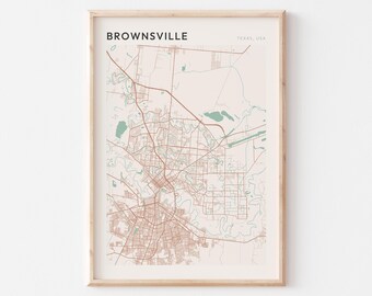 Brownsville-kaartposter, Brownsville-print, Brownsville-poster, Brownsville-muurkunst, Texas, reiscadeau, minimalistische print