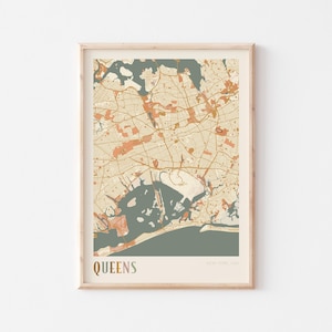 Póster con mapa de Queens, impresión de Queens, póster de Queens, arte mural de Queens, Nueva York, regalo de viaje, arte mural bohemio