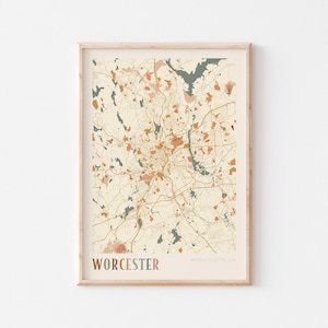 Affiche de carte de Worcester, impression de Worcester, affiche de Worcester, art mural de Worcester, Massachusetts, cadeau de voyage, impression bohème