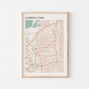 Affiche carte Carrollton, impression Carrollton, affiche Carrollton, art mural Carrollton, Texas, cadeau de voyage, impression minimaliste