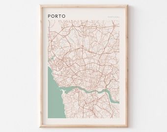 Affiche de carte de Porto, impression de Porto, affiche de Porto, art mural de Porto, Portugal, cadeau de voyage, art mural Scandi