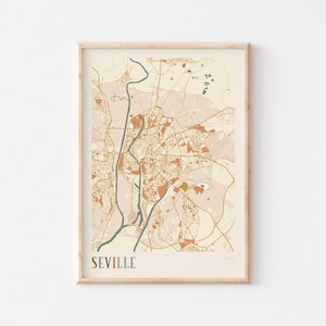 Affiche de carte de Séville, impression de Séville, affiche de Séville, art mural de Séville, Espagne, cadeau de voyage, impression bohème