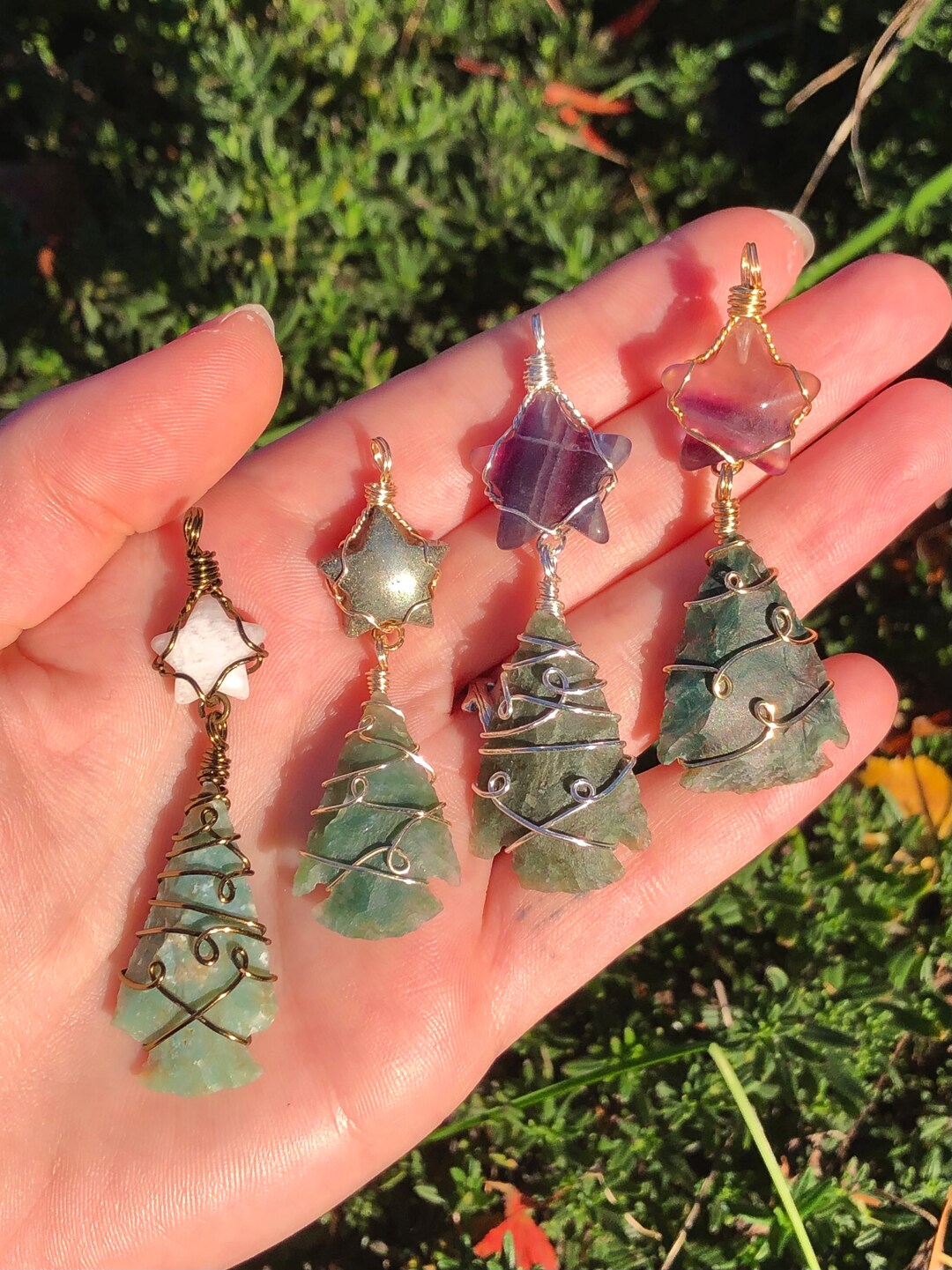 Crystal Christmas Tree Pendant, Wire Wrapped Jewelry, Crystal Arrowhead