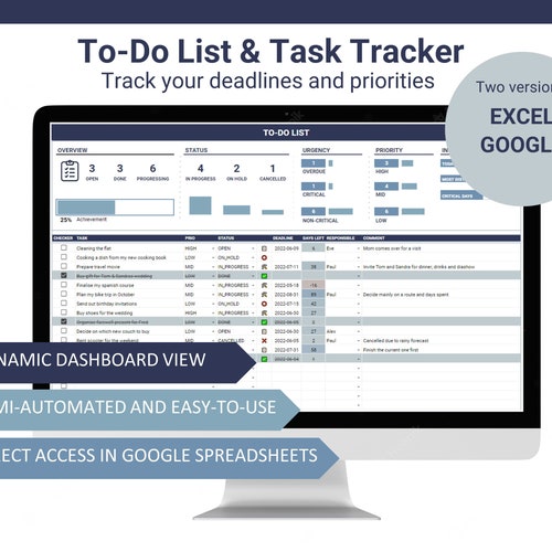 Excel to Do List Template Spreadsheet Task Planner Excel - Etsy
