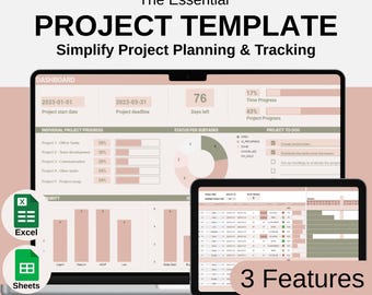 Modèle de gestion de projet essentiel (Google Sheets et Excel) - Planificateur de projet et suivi des tâches avec tableau de bord, diagramme de Gantt et liste des tâches