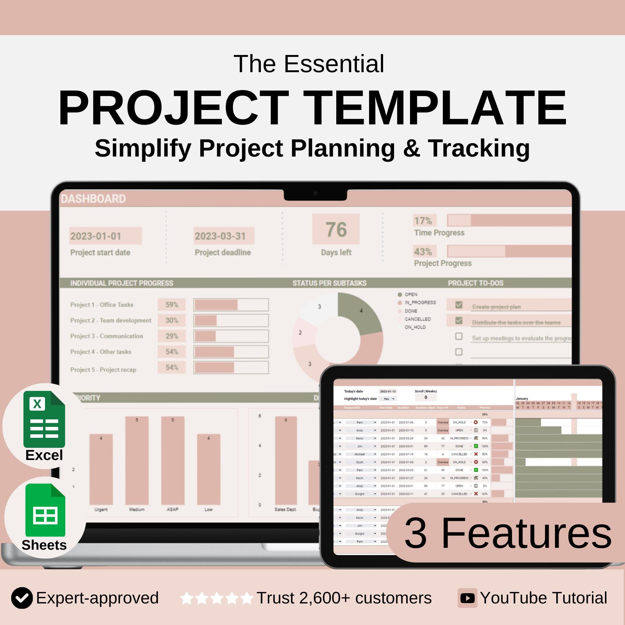 Project Management Template Essential (Google Sheets & Excel) - Project Planner and Task Tracker with Dashboard, Gantt Chart, and To-Do List