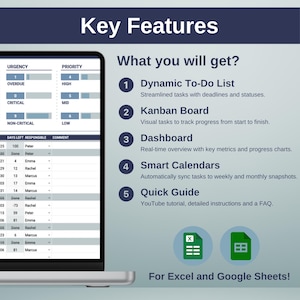 May include: A laptop computer screen displaying a spreadsheet with a list of tasks and deadlines. The spreadsheet is labeled "Key Features" and "What you will get?" The spreadsheet includes a list of features such as "Dynamic To-Do List", "Kanban Board", "Dashboard", "Smart Calendars", and "Quick Guide". The spreadsheet is designed for use with Excel and Google Sheets.