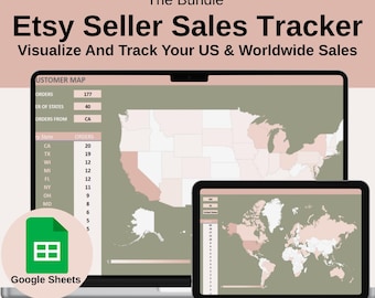 Offre groupée de suivi des ventes Etsy avec les États-Unis et la carte du monde - Modèle Google Sheets pour l'import CSV et analyse des commandes, client Etsy dans le monde entier