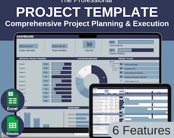 Modèle de gestion de projet professionnel (Google Sheets et Excel) - Planificateur de projet avec tableau de bord, diagramme de Gantt, Kanban et outil de suivi des tâches