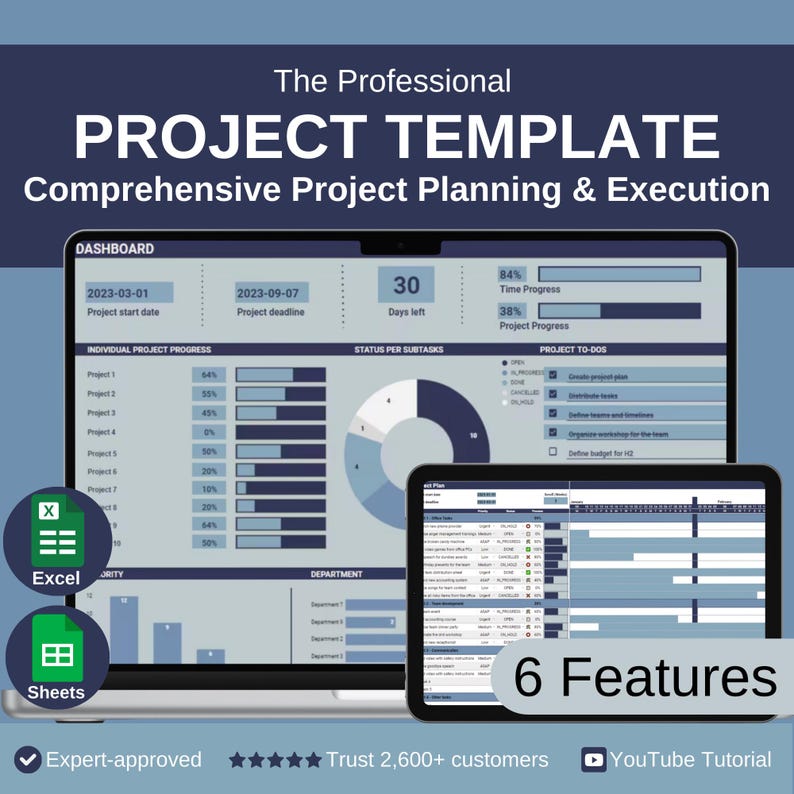 Project Management Template Professional (Google Sheets & Excel) – Project Planner with Dashboard, Gantt Chart, Kanban, and Task Tracker image 1