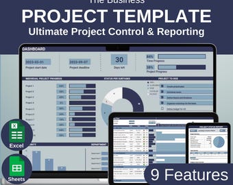 Modèle de gestion de projet Business (Google Sheets et Excel) - Planificateur de projet avec suivi du budget, diagramme de Gantt, Kanban et calendriers intelligents
