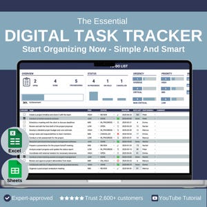 Digital Task Tracker Template – To-Do List and Productivity Tool (Excel & Google Sheets), Daily Planner, Excel Checklist with Dashboard