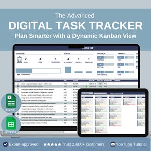 Advanced Task Tracker Template (Excel & Google Sheets) - Daily Planner, Automated Kanban Board, Project Tool, To-Do List with Dashboard