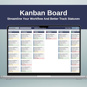 May include: A Kanban board on a laptop screen with the title "Kanban Board" and the subtitle "Streamline Your Workflow And Better Track Statuses". The board is divided into six columns: Open, In Progress, On Hold, Cancelled, Review, and Done. Each column has a number of tasks listed, with details such as the task name, assigned person, due date, and priority level.