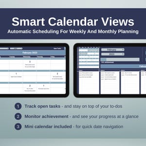 May include: A screenshot of a digital calendar app with two views: a weekly calendar and a monthly calendar. The weekly calendar shows tasks for the week of February 2023, while the monthly calendar shows the entire month of February 2023. The app also includes a section for tracking open tasks and a progress bar for monitoring achievement.