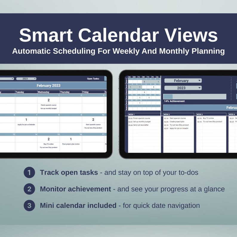 May include: A screenshot of a digital calendar app with two views: a weekly calendar and a monthly calendar. The weekly calendar shows tasks for the week of February 2023, while the monthly calendar shows the entire month of February 2023. The app also includes a section for tracking open tasks and a progress bar for monitoring achievement.