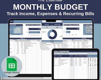 Suivi du budget mensuel - Modèle Google Sheets, planificateur automatisé des dépenses et des factures, suivi des abonnements, planificateur de budget personnel