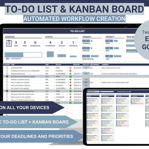 Kanban Board and Task Tracker | Digital | Excel Template | Google Spreadsheet | Project Planner | To-Do List with Dashboard