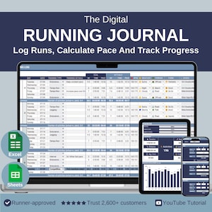 Tracker di corsa - Modello Excel e Fogli Google, Calcolatore di ritmo, Diario di corsa, Registro di allenamento, Fitness tracker, Allenamento per maratona