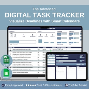 Advanced Task Tracker Template (Excel & Google Sheets) - Daily Planner, Smart Calendars, Project Tool, To-Do List with Dashboard