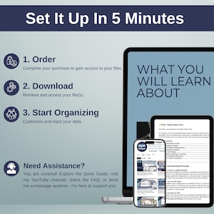 May include: A laptop computer screen displaying a digital product guide with the text "What You Will Learn About" and a list of topics. A smaller screen on the laptop shows a digital product guide with the text "FAQs - Digital Helper Shop". A smartphone screen shows a digital product guide with the text "Digital Helper" and a list of topics. The text "Set It Up In 5 Minutes" is displayed at the top of the image. The text "Need Assistance?" is displayed at the bottom of the image with instructions to explore the Quick Guide, visit the YouTube channel, check the FAQ, or send a message.