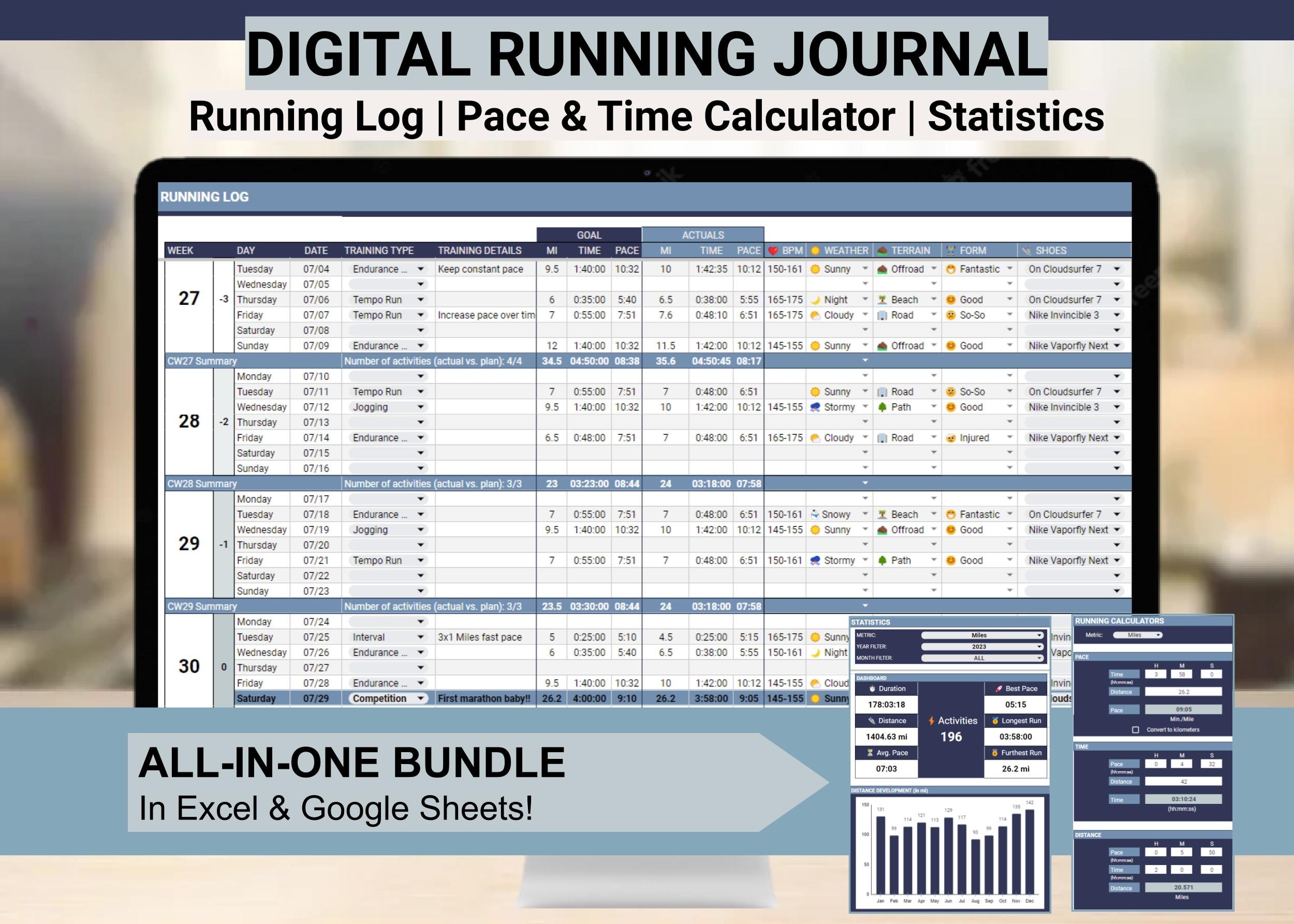 Running Journal Excel & Spreadsheet Template Pace Calculators Detailed