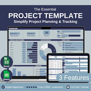 Plantilla esencial de gestión de proyectos (Hojas de cálculo de Google y Excel): Planificador de proyectos y seguimiento de tareas con panel de control, diagrama de Gantt y lista de tareas pendientes