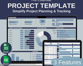 Modèle de gestion de projet essentiel (Google Sheets et Excel) - Planificateur de projet et suivi des tâches avec tableau de bord, diagramme de Gantt et liste des tâches