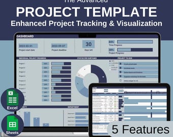 Modèle de gestion de projet avancé (Google Sheets et Excel) - Planificateur de projet avec tableau de bord, diagramme de Gantt, liste de tâches et calendriers intelligents