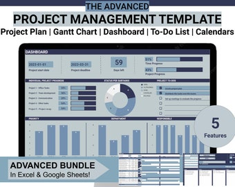 Project Management Template | Advanced | Excel Template | Google Sheets | Project Planner | Gantt Chart | To-do List | Calendars