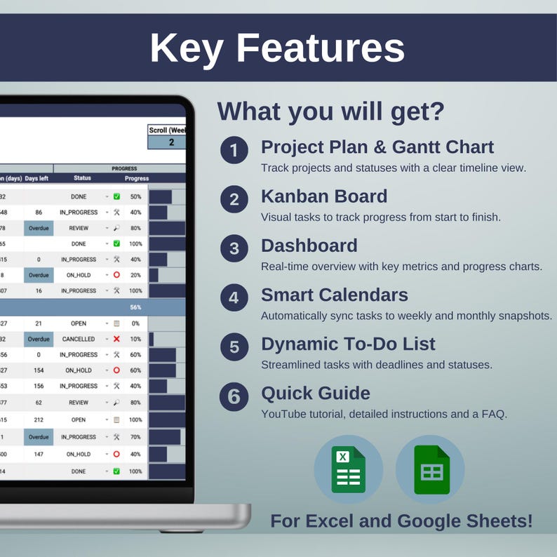 Project Management Template Professional (Google Sheets & Excel) – Project Planner with Dashboard, Gantt Chart, Kanban, and Task Tracker image 2