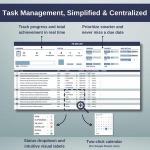 May include: A screenshot of a task management spreadsheet with a blue, gray, and white color scheme. The spreadsheet has columns for task, priority, status, deadline, days left, and responsible person. The spreadsheet also includes a calendar and a dropdown menu for status.