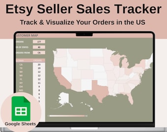 Suivi des ventes Etsy avec carte des États-Unis - Modèle Google Sheets pour l'importation CSV et l'analyse des commandes, tableau de bord client mondial Etsy Seller