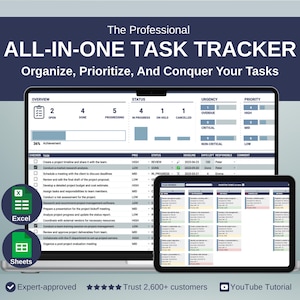 Modello di monitoraggio delle attività: pianificatore professionale di Excel e Fogli Google, bacheca Kanban automatizzata, calendario intelligente ed elenco delle cose da fare con dashboard