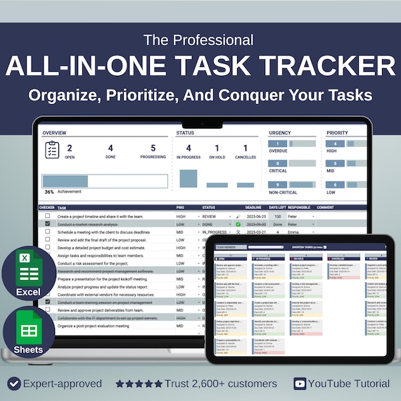 Task Tracker Template – Professional Excel & Google Sheets Planner, Automated Kanban Board, Smart Calendar, and To-Do List with Dashboard