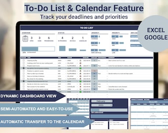 TO-DO LIST + Calendar | Digital | Google Spreadsheet | Excel template | Semi-automated task planner with tracking and calendar function