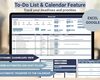 LISTE DES TÂCHES + Calendrier | Numérique | Feuille de calcul Google | Modèle Excel | Planificateur de tâches semi-automatisé avec fonction de suivi et de calendrier