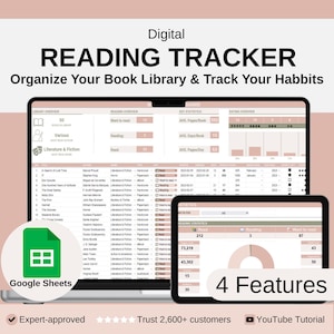 Monitoraggio della lettura Fogli Google - Modello di foglio di calcolo per diario di lettura digitale, registro di lettura stampabile, statistiche di lettura, elenco TBR, biblioteca di libri