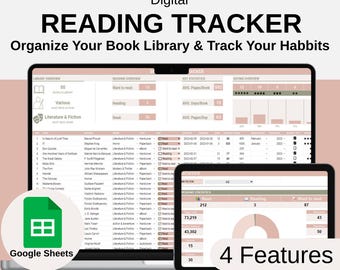 Suivi de lecture Google Sheets - Modèle de feuille de calcul de journal de livre numérique, journal de lecture imprimable, statistiques de lecture, liste TBR, bibliothèque de livres