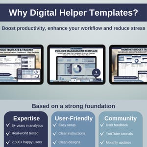 May include: A graphic with the text "Why Digital Helper Templates?" and a tagline "Boost productivity, enhance your workflow and reduce stress". Three screenshots of digital templates are shown: "Invoice Template & Tracker", "Project Management Template", and "Monthly Budget Tracker". Below the screenshots, the text "Based on a strong foundation" is displayed. Three columns with checkmarks and text describe the benefits of using the templates: "Expertise", "User-Friendly", and "Community".